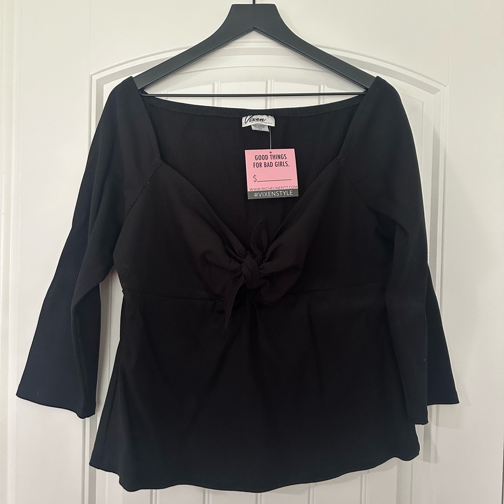 Vixen by Micheline Pitt Black Tie-Front 3/4 Sleeve V-Neck Top size 3x